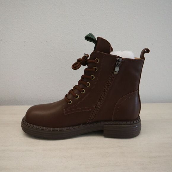 HZM 21DJL3138-1 Women Sz 40 US 9.5 Coffee Brown Leather Lace-Up Zip Combat Boots - Picture 7 of 9